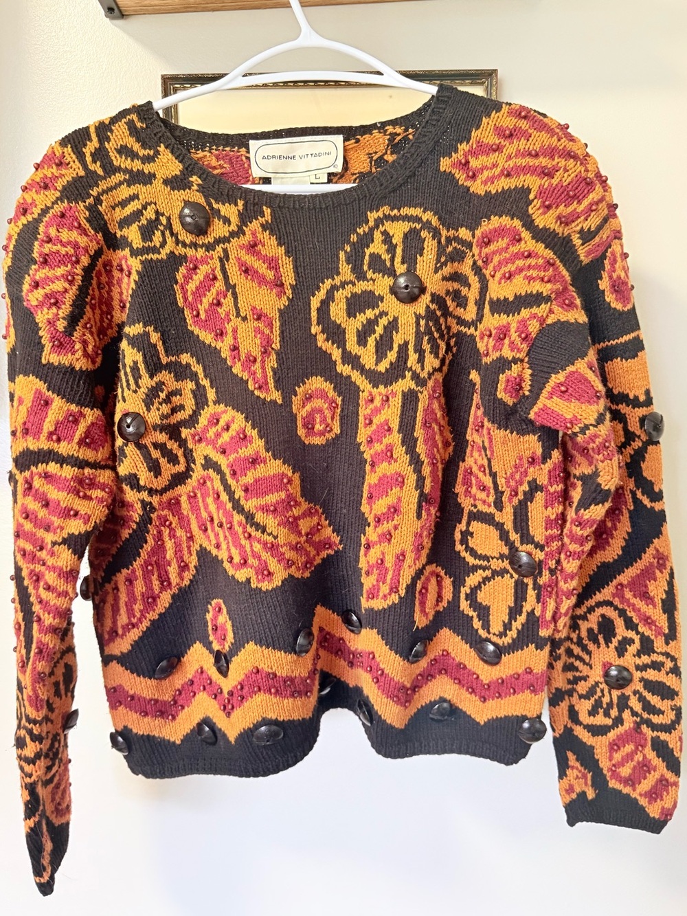 VINTAGE Adrienne Vittadini Brown Floral Sweater with Orange & Pink Jacquard